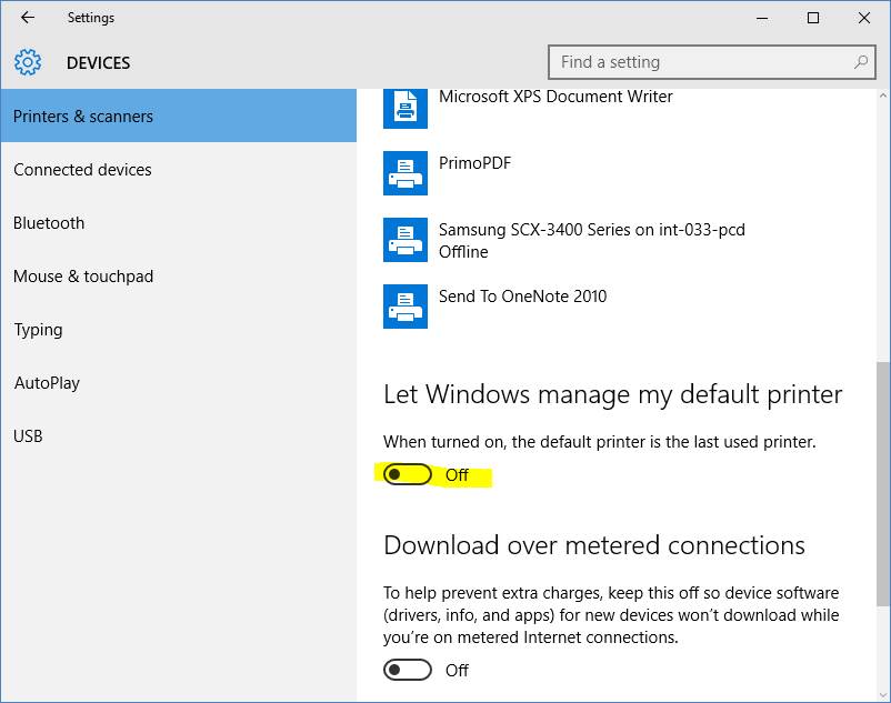 Windows 10 - manage default printer